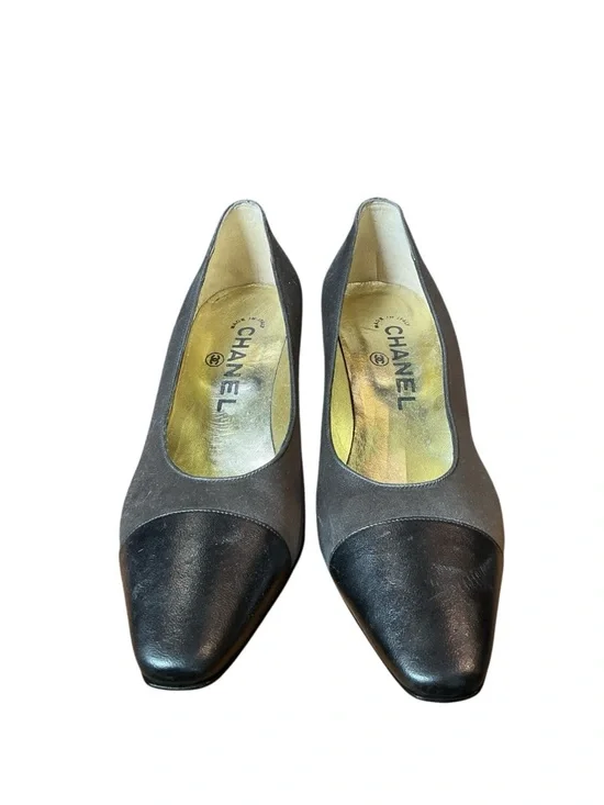 Vintage Chanel Satin Block Heel Leather Cap Toe Pumps - Picture 2 of 9